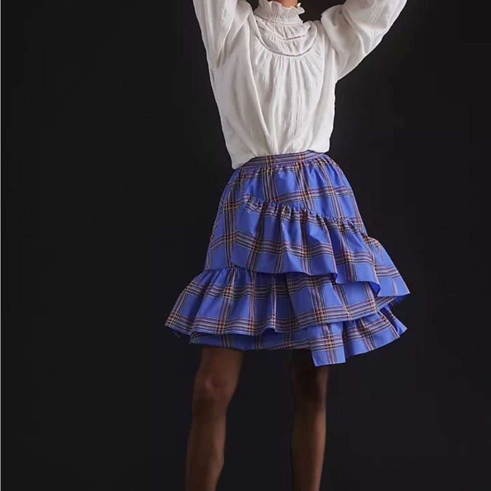 Anthropologie Maeve Women Mini Skirt Tiered Ruffle Tartan Plaid Blue Size 12 Nwt
